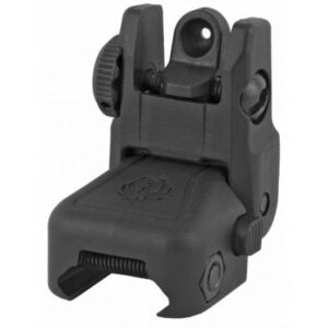 Rapid Deploy Rear Sight Features Ruger’s custom-designed folding Front Sight seamlessly allows you to shoot with more accuracy whether you are a novice or expert. This lightweight, polymer sight is elevation-adjustable, folds flat to make room for optics and is spring-loaded to allow for rapid deployment with the push of a button. It integrates on any rifle with a same-plane Picatinny rail mounting system. Rapid Deploy Rear Sight Specifications Model: Rapid Deploy Series: Rear Sight Color: Black Material: Polymer Firearm Type: AR-Platform Firearm Fit: Ruger SR-22,SR-556,SR-762 Style: Folding Mount Type: Picatinny Rail